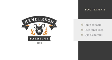 Canvas Print - Premium barbecue fresh meat menu shop bistro restaurant logo design template pig head vector