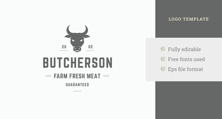 Canvas Print - Butcher store monochrome vintage logo design template angry horned bull head vector illustration