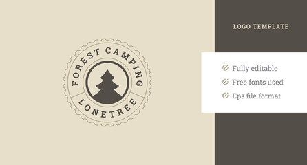 Wall Mural - Monochrome spruce circle line vintage logo design template travel camping exploration vector