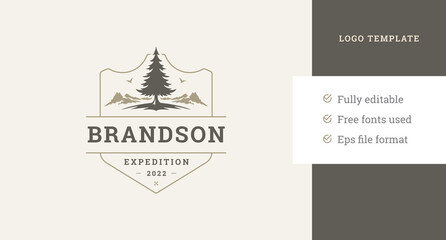 Wall Mural - Spruce tree at mountain rocky terrain adventure trip exploration vintage logo design template vector