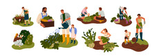 Farmers, Gardeners During Farm, Garden Works Set. People, Kid, Agriculture Workers Care About Plant, Crop, Picking Vegetable At Backyard. Flat Graphic Vector Illustrations Isolated On White Background
