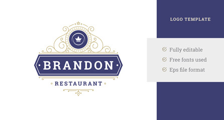 Wall Mural - Curved ornate vintage restaurant premium blue golden logo design template vector illustration