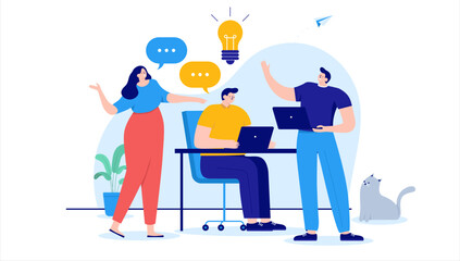 Fototapete - Office people idea - Team of people at work coming up with ideas and working in innovation department. Flat design cartoon vector illustration with white background