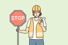 Young Woman In Uniform Holding Stop Road Sign In Hands. Female Worker In Helmet Stand On Road Show Stop Hand Gesture. Vector Illustration. 