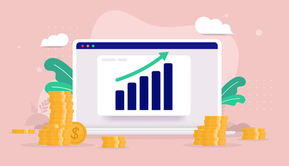 Fototapete - Positive economy - Laptop computer with infographic on screen with rising graph and green arrow showing growth and progress. Vector illustration