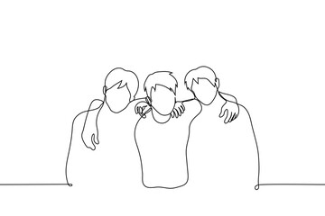 Poster - friends hugging shoulders - one line drawing vector. concept a group of friends posing for a photo