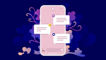 Poster - Phone with text messages - Smartphone with chat message on screen in beautiful colours and decorative background. Flat vector design illustration