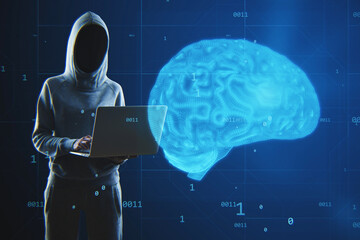 Poster - Abstract image of hacker with laptop and creative blue brain hologram on blurry background. Neurology, data hacking, theft, anatomy, ai and machine learning concept.