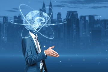 Aufkleber - Creative blue atom brain head businessman shaking hand on blurry city background with mock up place. Neurology, anatomy, ai and machine learning concept.