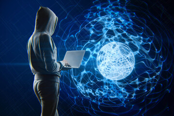 Aufkleber - Hacker using laptop with glowing blue linear sphere on blurry background. Geometric cyberspace, hacking, malware, network and future concept.