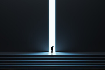 Canvas Print - Business success and opportunity concept with pensive woman in front of bright light hole in the middle of wall in a dark huge dark hall with stairs