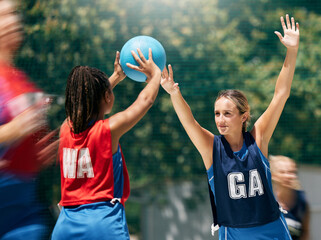 Poster - Sports, women and basketball competition at outdoor basketball court for training, exercise and match. Fitness, basketball player and team compete for ball in game, workout and physical performance