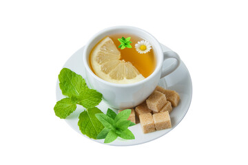 cup of chamomile tea with lemon, mint leaves, sugar transparent