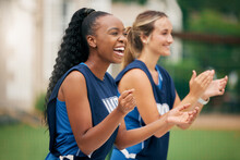 Sports, Support And Netball Team Cheers, Applause Or Celebrate Teamwork Goal, Game Win Or Competition Victory. Winner, Motivation And Diversity Athlete Women Clap For Fitness, Training Or Workout Fun