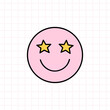 © lesyau_art - Cute pink smile icon with star eyes in the style of the 90s. Vector hand-drawn doodle illustration isolated on white background. Nostalgia for the 1990s. Perfect for cards, decorations, logo, stickers