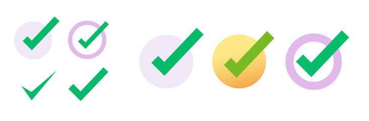 Fototapete - Check mark tick icon vector graphic illustrated, checkmark checkbox green list element, correct choice or approved pictogram clipart, right vote round button, approved positive confirmation set image