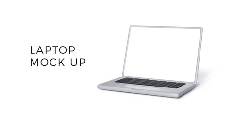 Poster - 3D silver opened laptop with black keyboard with clean white screen. Realistic render of modern portable computer mock up