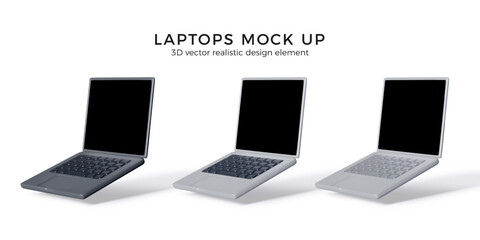 Poster - 3D laptop mockup in black and silver colors. Realistic render portable computers with black empty screen