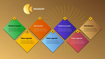 Wall Mural - Modular geometric roadmap made of rhombuses on gold background. Timeline infographic template for business presentation. Vector.