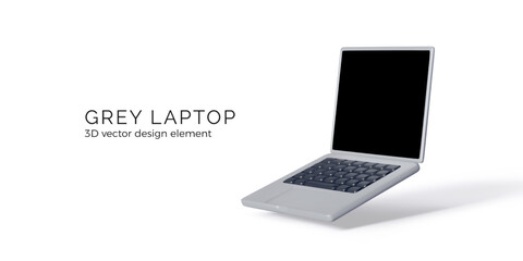 Poster - Opened silver laptop mock up with black keyboard and screen. Realistic render of modern portable computer