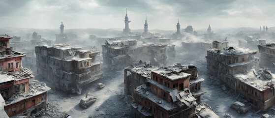 Wall Mural - Concept illustration of a destroyed city after war, background illustration.