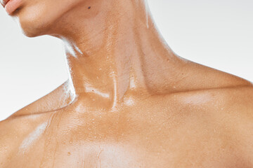 skincare, neck and man in studio for beauty, wellness and hydration closeup against a white backgrou