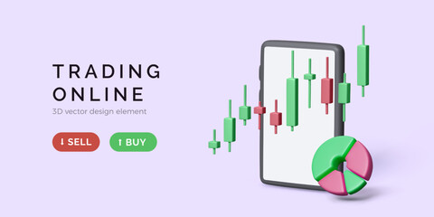 Wall Mural - Online stock market concept. Render mobile phone with circular chart and candlestick diagram. Buying and selling assets on stock exchange