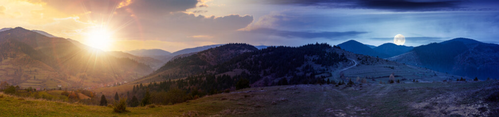 Wall Mural - day and night time change concept above the mountains. panorama of a countryside with meadows and hi