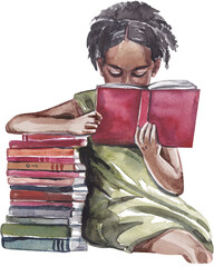 Watercolor illustration with a dark-skinned girl reading a book on a white background.