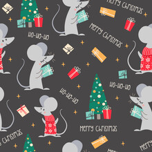 New Year's Eve Seamless Vector Pattern. Cute Mice Holding Presents. New Year's Tree With Presents. 