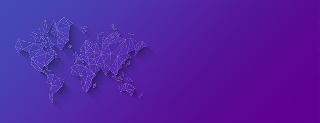 Wall Mural - World map shape made of polygons. 3D illustration on a purple background. Horizontal banner
