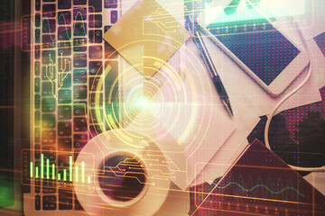 Poster - Double exposure of data drawing hologram over topview of study desk background with computer. Concept of Ai.