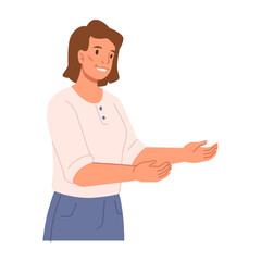 Poster - Cheerful and friendly female personage welcoming and greeting. Woman with hand gesture asking to come in. Flat cartoon character, vector in flat style