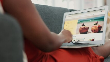 Laptop screen, travel website and hands with credit card typing information for online booking, vacation quote and payment application. Ecommerce, fintech of woman on sofa for holiday digital ticket