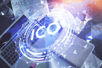 Poster - Blockchain theme hologram drawings over computer on the desktop background. Top view. Double exposure.