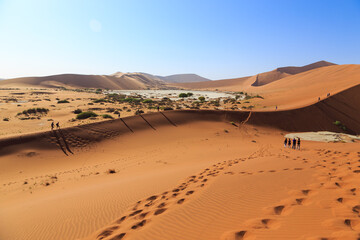 Amazing View from the dune to the salt pan of Sossusvlei, Namibia.