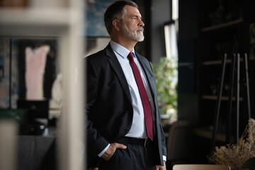 Wall Mural - Success concept. Stylish bearded man in a suit standing in modern office.