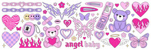 Y2k Glamour Pink Stickers. Butterfly, Kawaii Bear, Fire, Flame, Chain, Heart, Tattoo And Other Elements In Trendy Emo Goth 2000s Style. Vector Hand Drawn Icon. 90s, 00s Aesthetic. Pink Pastel Colors.
