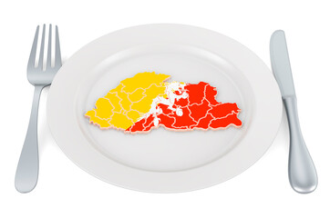Poster - Bhutanese cuisine concept. Plate with map of Bhutan. 3D rendering
