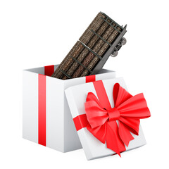 Poster - Freight wagon with wooden logs inside gift box, gift concept. 3D rendering