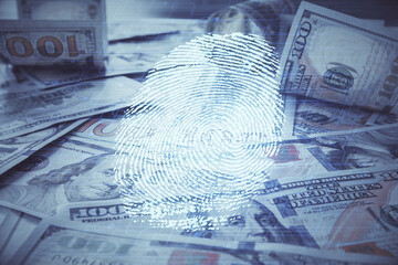 Poster - Double exposure of finger print scan drawing over usa dollars bill background. Concept of security of safe access.