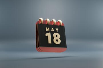 Poster - Standing black and red month lined desk calendar with date May 18. Modern design with golden elements, 3d rendering illustration. Blue gray background..