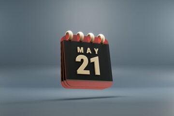 Poster - Standing black and red month lined desk calendar with date May 21. Modern design with golden elements, 3d rendering illustration. Blue gray background..