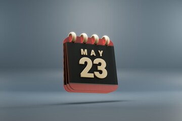Poster - Standing black and red month lined desk calendar with date May 23. Modern design with golden elements, 3d rendering illustration. Blue gray background..
