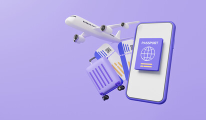 Suitcase and flight plane. passport with air ticket boarding pass travel online booking service on app mobile. Tourism trip planning world tour, leisure touring holiday summer concept. 3d rendering