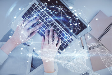 Poster - Double exposure of woman hands working on computer and social network theme hologram drawing. Top View. People connection concept.