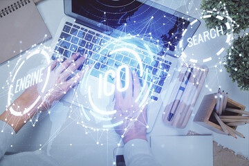 Poster - Double exposure of woman hands working on computer and blockchain theme hologram drawing. Top View. bitcoin cryptocurrency concept.
