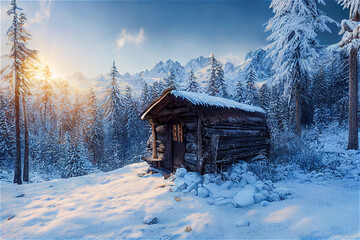 Poster - Wood Cabin in the snow