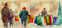 Christmas Shopping With People And Lifestyle Activities In Colors. Festive Shopping Watercolor Illustration Of Impressionist Painting