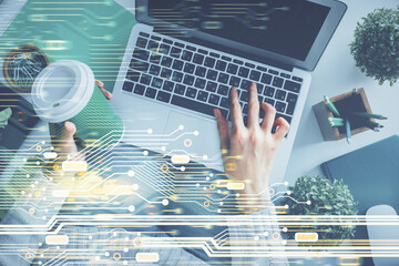 Poster - Double exposure of woman hands working on computer and data theme hologram drawing. Top View. Technology concept.